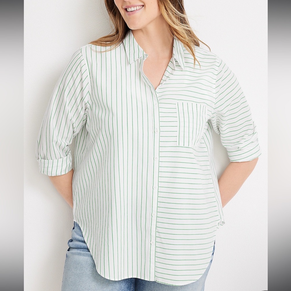 Maurices Green & White Striped 90s Prep Button Up Long Sleeve Shirt Size Large